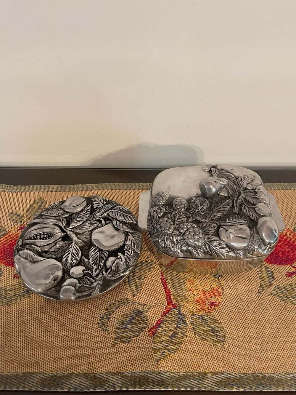 Vintage Hand-Crafted Fruit Motif Metal Box w Lid & Matching Trivet